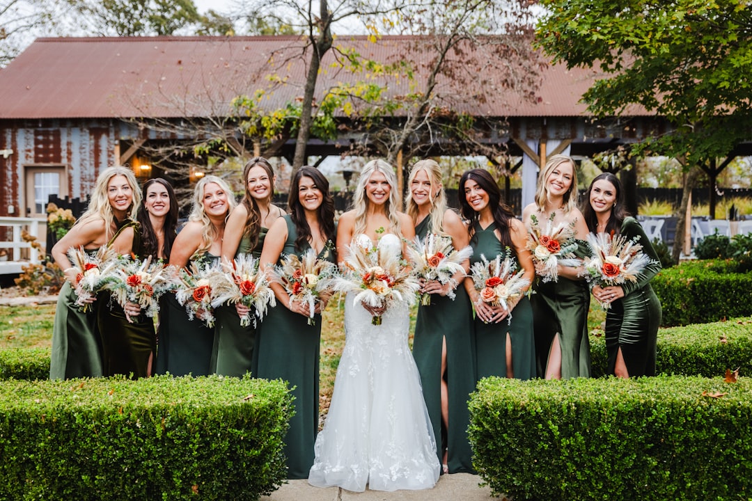 Bridal party in coordinated bridesmaid dresses