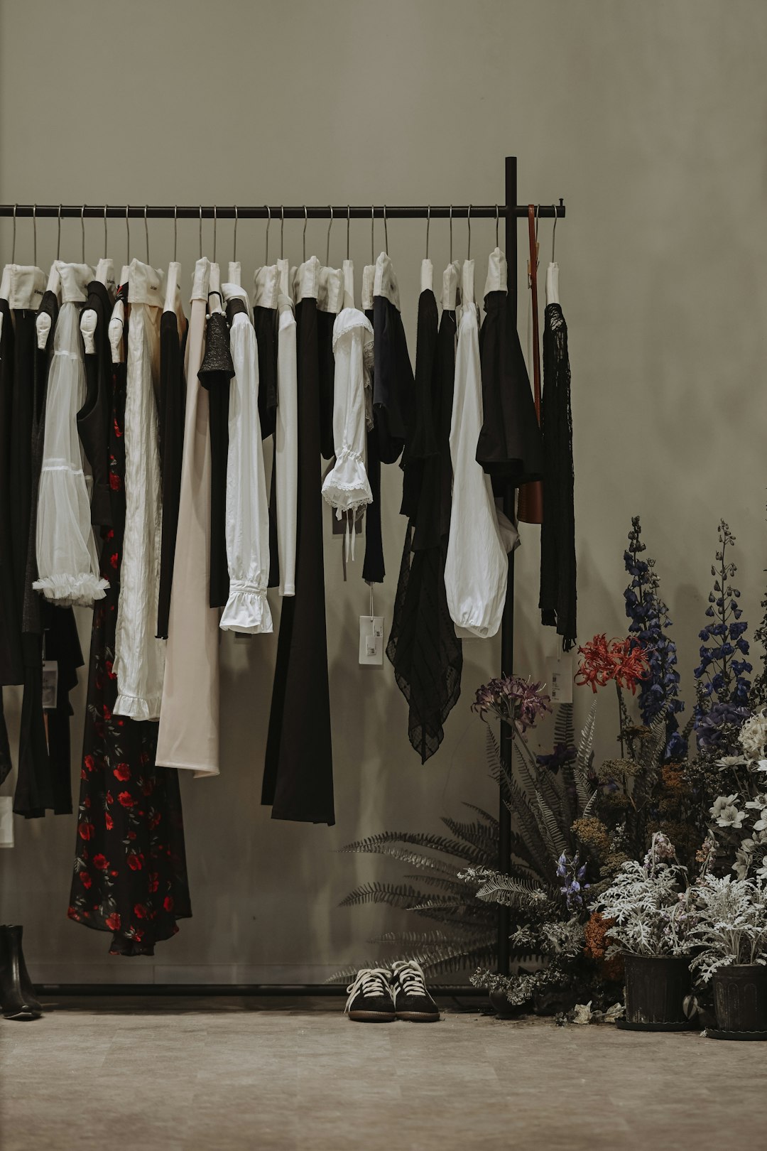 Elegant dresses hanging on a boutique rack