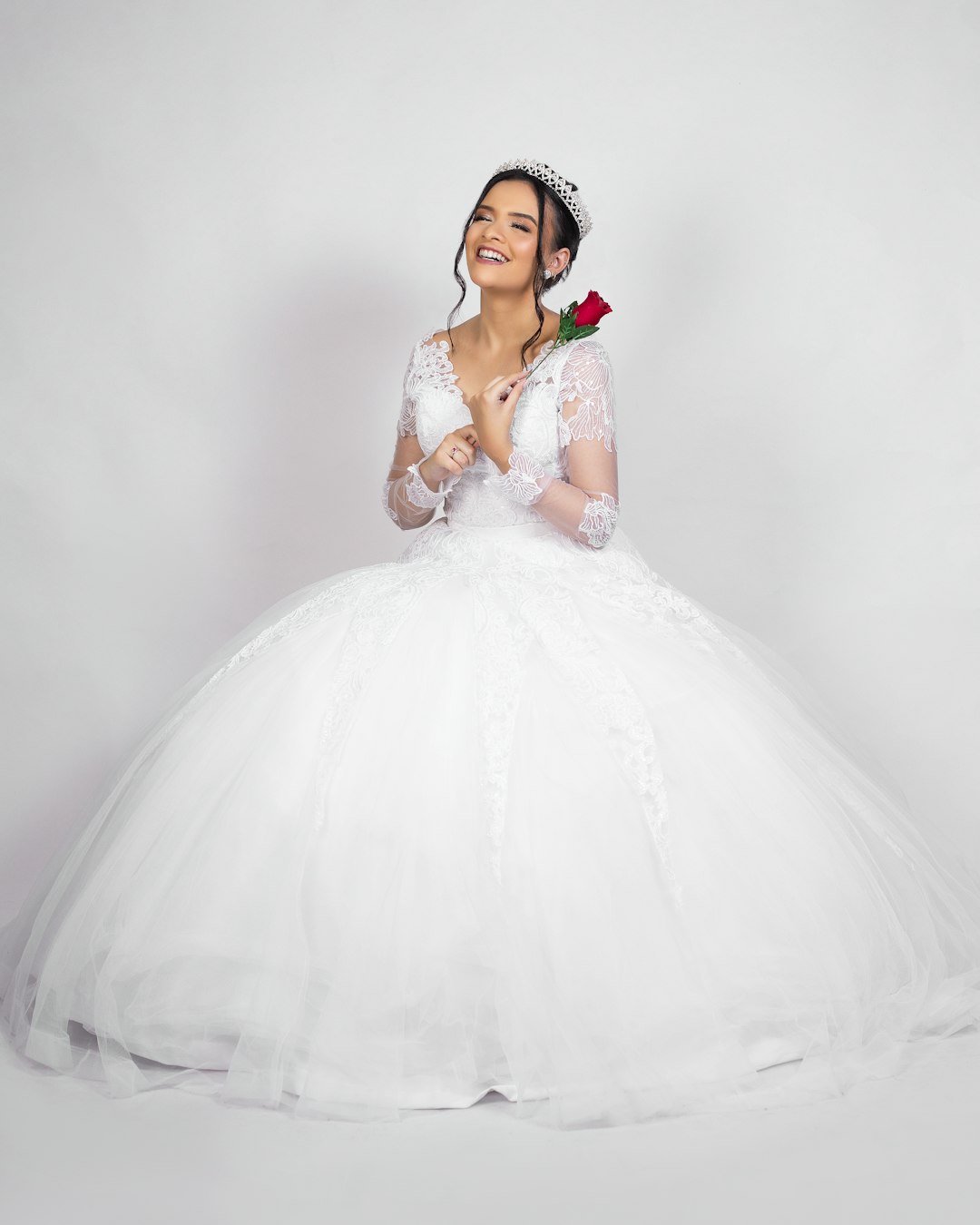 Vale & Ivory bride in white dress with red lipstick